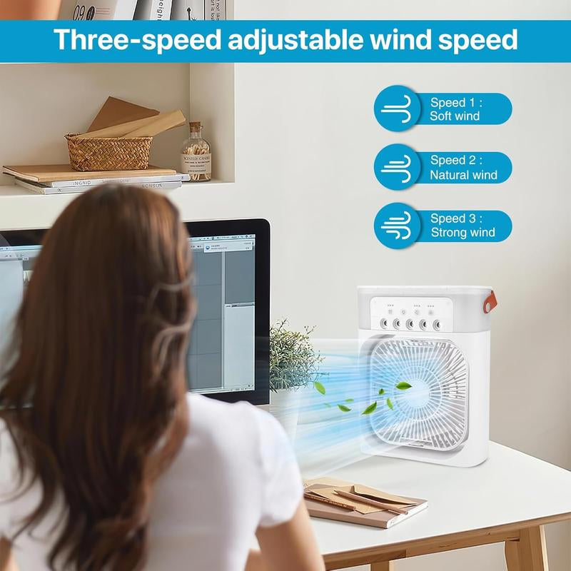 Portable Mist Fan with 7 Color LED Light, 600Ml Tank Fan with 1/2/3 Hour Timer, Evaporative Cooling Fan, 3 Speeds & 3 Mist Modes Fan, Misting Cooling Fan for Home, Car, Office, Adjustable Room Fan