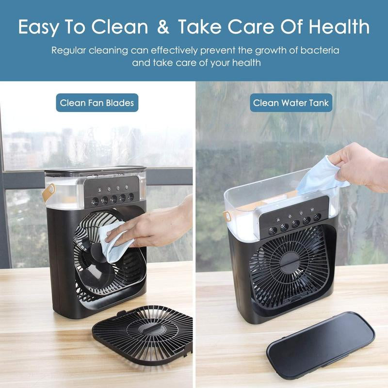 Portable Mist Fan with 7 Color LED Light, 600Ml Tank Fan with 1/2/3 Hour Timer, Evaporative Cooling Fan, 3 Speeds & 3 Mist Modes Fan, Misting Cooling Fan for Home, Car, Office, Adjustable Room Fan