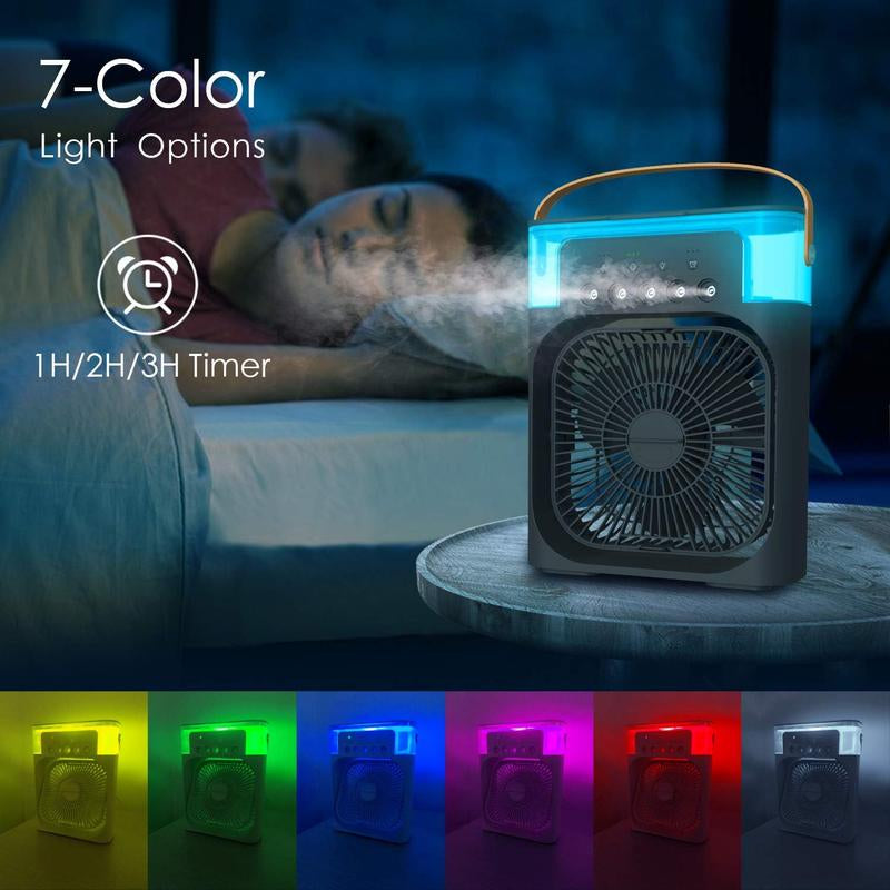 Portable Mist Fan with 7 Color LED Light, 600Ml Tank Fan with 1/2/3 Hour Timer, Evaporative Cooling Fan, 3 Speeds & 3 Mist Modes Fan, Misting Cooling Fan for Home, Car, Office, Adjustable Room Fan