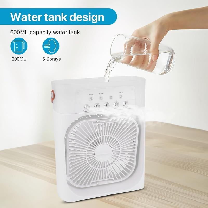Portable Mist Fan with 7 Color LED Light, 600Ml Tank Fan with 1/2/3 Hour Timer, Evaporative Cooling Fan, 3 Speeds & 3 Mist Modes Fan, Misting Cooling Fan for Home, Car, Office, Adjustable Room Fan