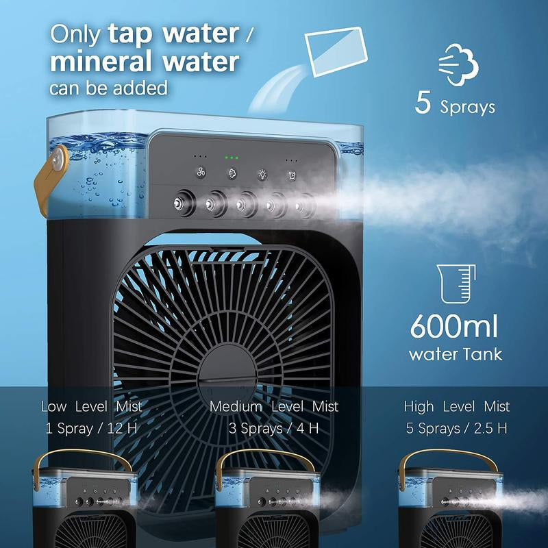 Portable Mist Fan with 7 Color LED Light, 600Ml Tank Fan with 1/2/3 Hour Timer, Evaporative Cooling Fan, 3 Speeds & 3 Mist Modes Fan, Misting Cooling Fan for Home, Car, Office, Adjustable Room Fan